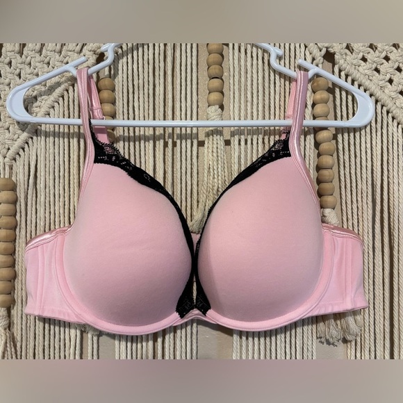 Cacique Light Pink Bra 42C Padded Underwire Black Lace Trim Full Coverage - Picture 1 of 4